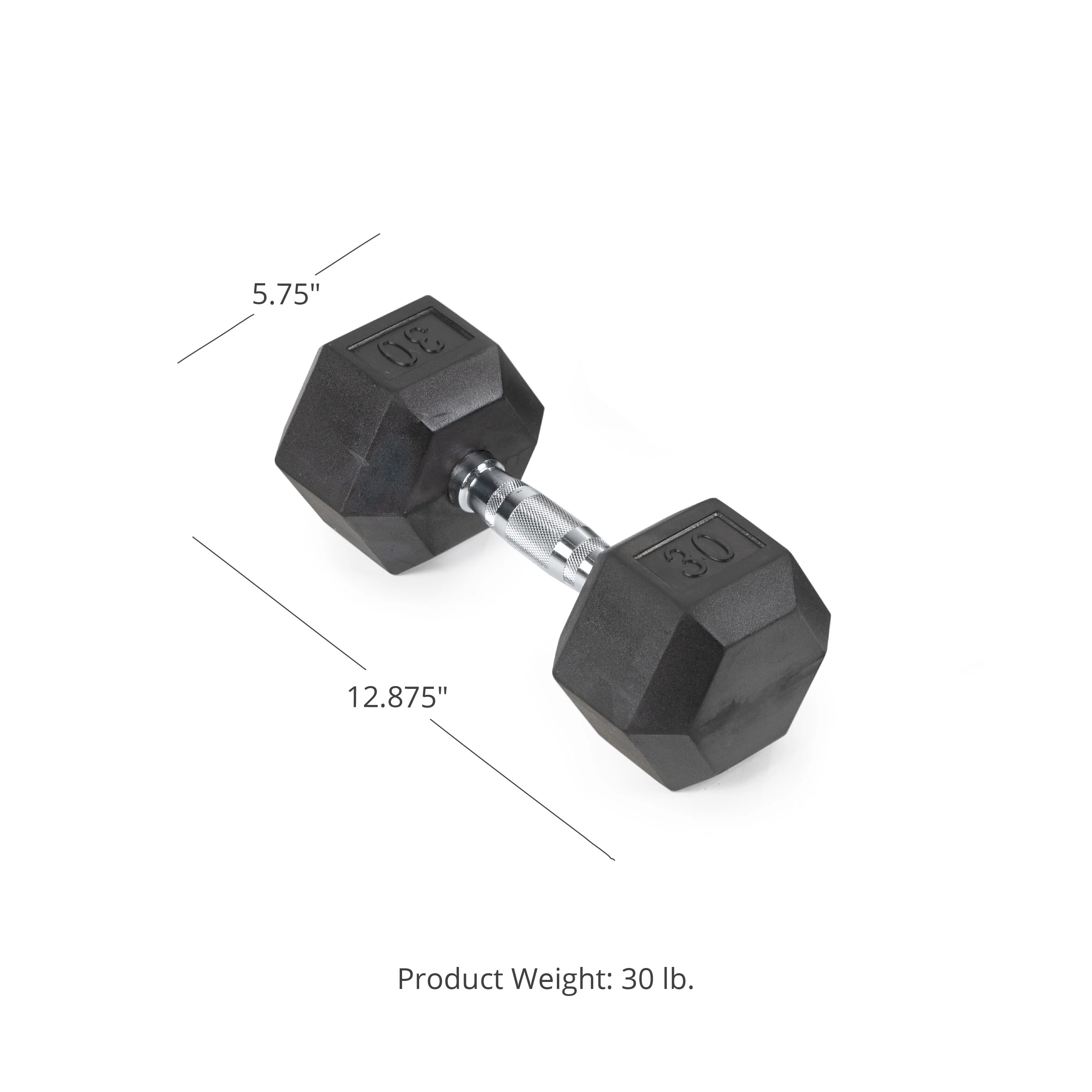 Scratch and Dent, Single 30 lb Black Rubber Coated Hex Dumbbell