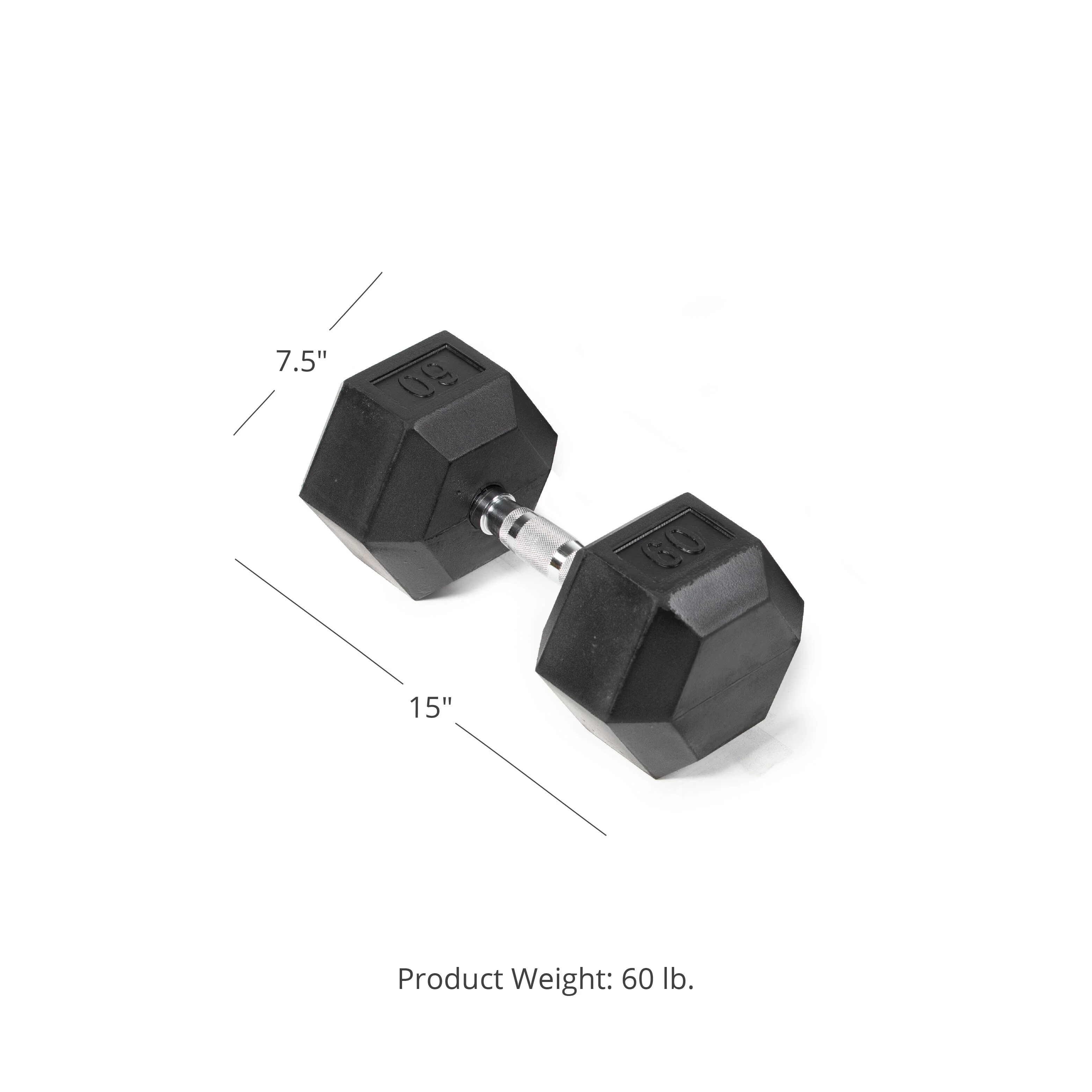 Scratch and Dent, Single 60 lb Black Rubber Coated Hex Dumbbell